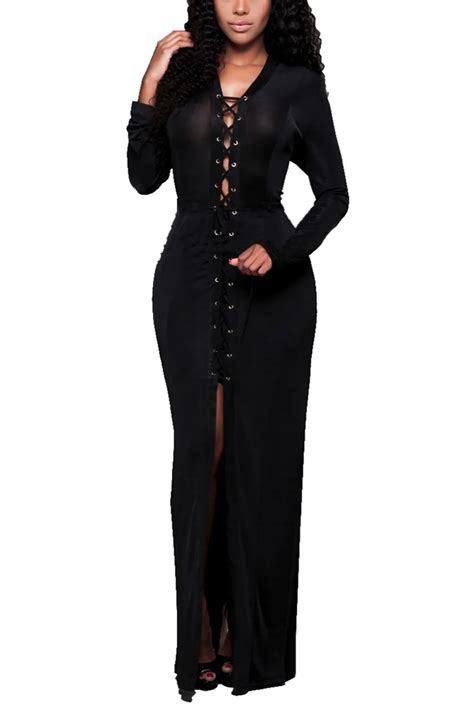 Womens Sexy Elgant Long Sleeve V Neck Maxi Long Hollow Out Slim Fit Nightclubs Bodycon Banquet