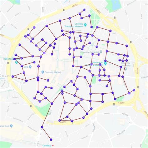 Map of Coventry city centre overlaid with a directed graph made up of ...