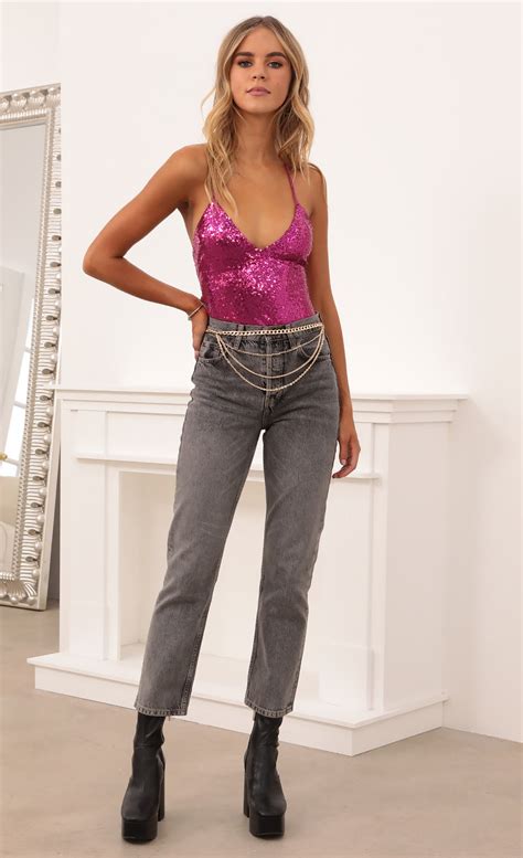 Tops Party Sequin Bodysuit In Hot Pink