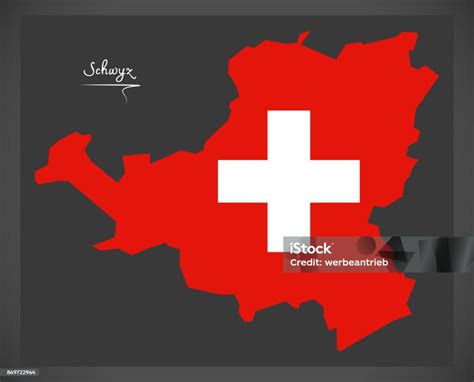 Ilustración De Mapa De Schwyz De Suiza Con La Ilustración De La Bandera Nacional Suiza Y Más