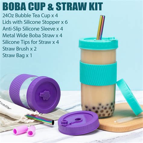 Reusable Boba Cup Bubble Tea Cup 4 Pack 24oz Wide Mouth Smoothie Cups