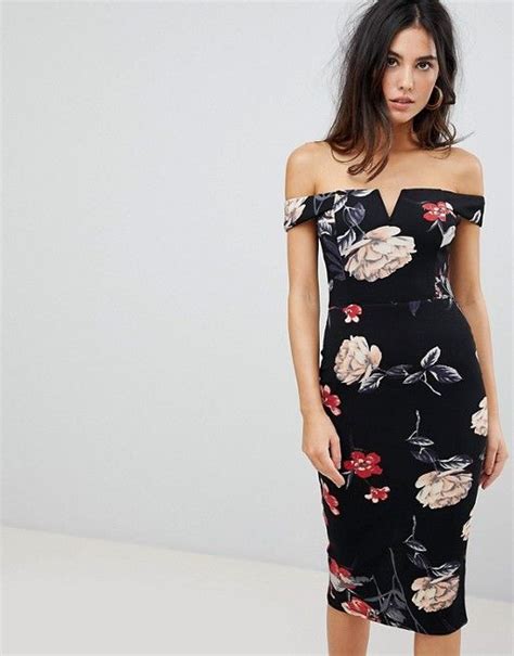 Ax Paris Ax Paris V Neck Bardot Pencil Dress In Floral Print