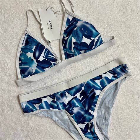 Zaful Blue Leaves Triangle Two Piece Bikini Swimsuit Women S Fashion Swimwear Bikinis