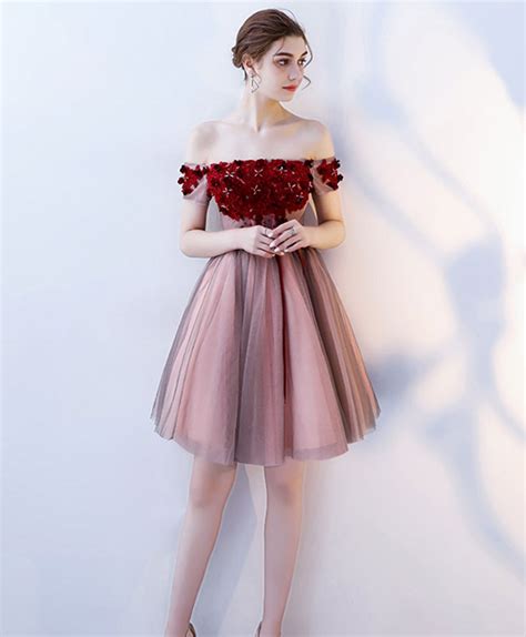 Burgundy Tulle Off Shoulder Short Prom Dress Burgundy Homecoming Dres