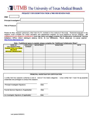 Fillable Online Research Utmb Request For Exemption From Utmb Irb