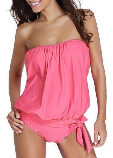 Pink Bandeau Blouson Tankini Swimsuits With Panty Padded Solid Rose