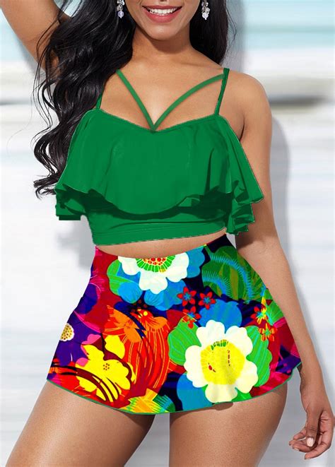 ROTITA Flower Print High Waist Ruffle Hem Bikini Set Rotita USD