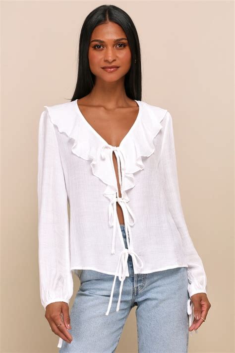 Ivory Ruffled Top Tie Front Top Cute Long Sleeve Top Lulus