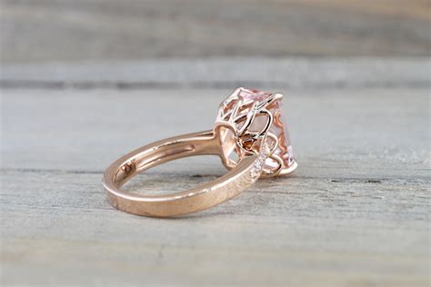 14k Rose Gold Elongated Emerald Cut Pink Morganite Diamond Engagement