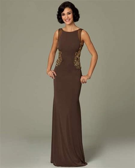 Sheath Bateau Neck Backless Long Brown Chiffon Beaded Evening Dress