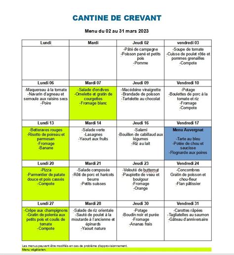 Menus De La Cantine Mars Commune De Crevant