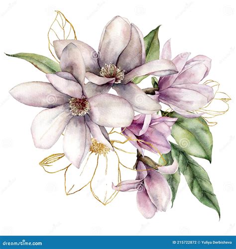 Watercolor Floral Bouquet Of Linear Magnolias Gold Leaves And Buds