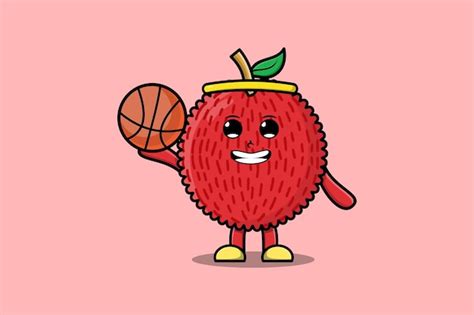 Niedlicher Cartoon Lychee Charakter Der Basketball In Der Flachen