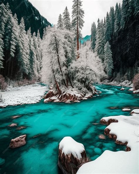 Premium AI Image | A blue river in the forest with snow covered trees