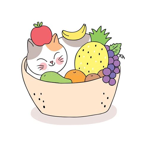 Cartoon Cute Cat Sleeping and Fruits in Basket Vector. Stock ...