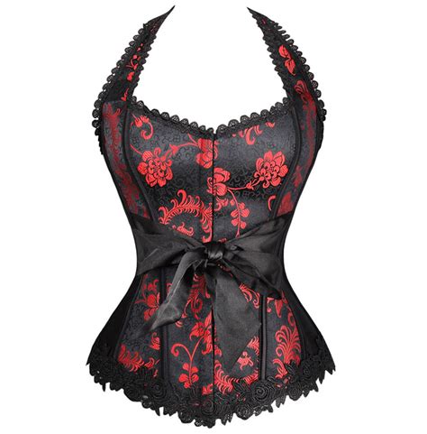 Unique Black Satin Halter Neck Red Jacquard Weave Corset N10022