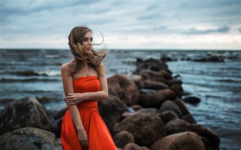 Wallpaper Women Model Blonde Depth Of Field Sea Looking Away