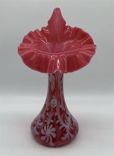 Vtg Fenton Cranberry Opalescent Daisy Fern Jack In Pulpit Vase Silver