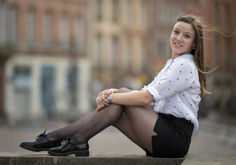 4K 5K Bokeh Brown Haired Side Smile Sitting Hands Skirt Legs