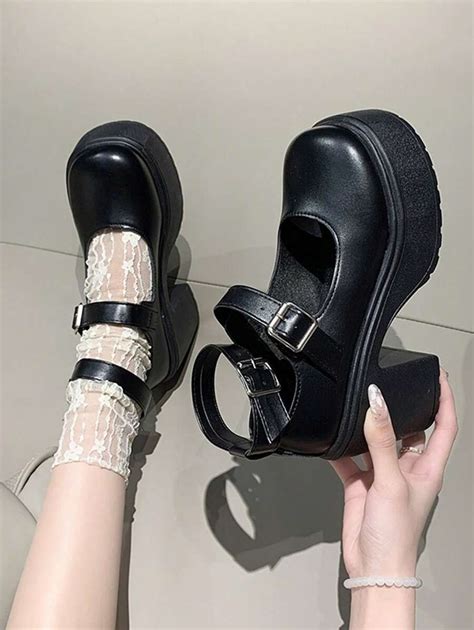 Women Buckle Decor Platform Mary Jane Shoes Elegant Wedge Shoes