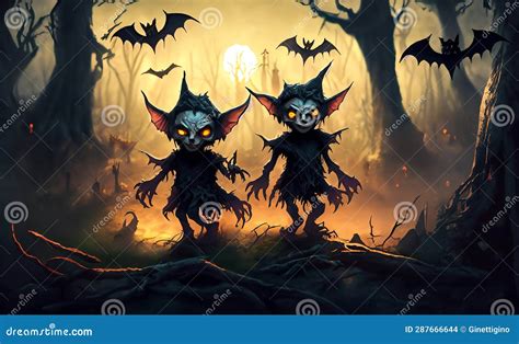 Evil Goblins And Bats In Mystical Forest At Sunset Royalty Free Stock