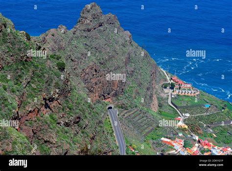 Spain Canary Islands La Gomera Aerial View To Village Agulo And Road