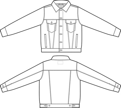 Men Unisex Regular Fit Denim Jean Jacket Trucker Vector Flat Technical Drawing Illustration Mock