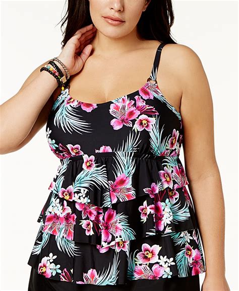 Island Escape Plus Size Orchid Paradise Floral Print Tiered Underwire Tankini Top Macys