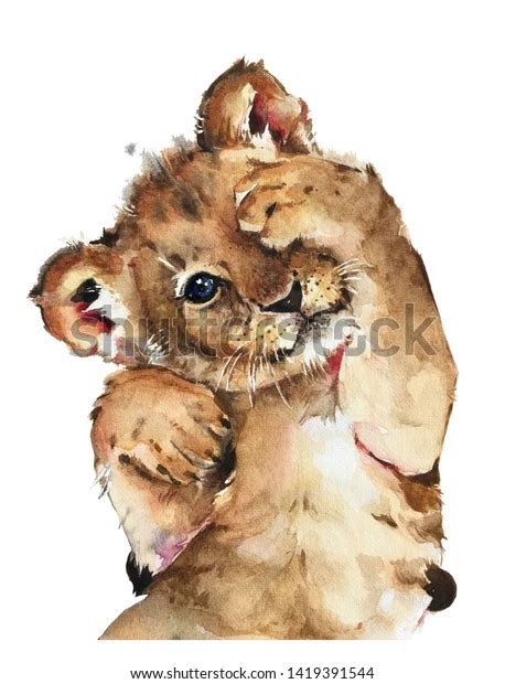 Isolated Watercolour Painting Baby Lion On Stock Illustration