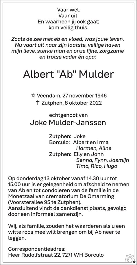 Albert Ab Mulder 08 10 2022 Overlijdensbericht En Condoleances