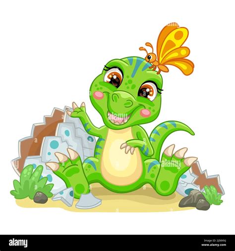 Baby Dinosaur Tyrannosaurus Sitting With Egg On Nature Cute Cartoon