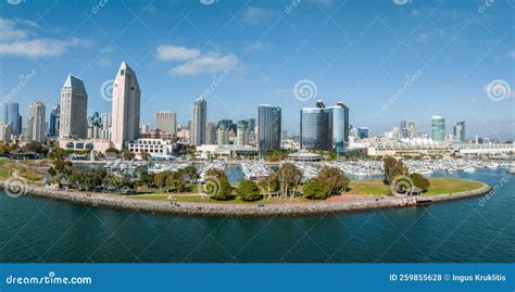 Panorama Aerial View of San Diego Skyline and Waterfront Stock Photo - Image of boat, skyscraper ...