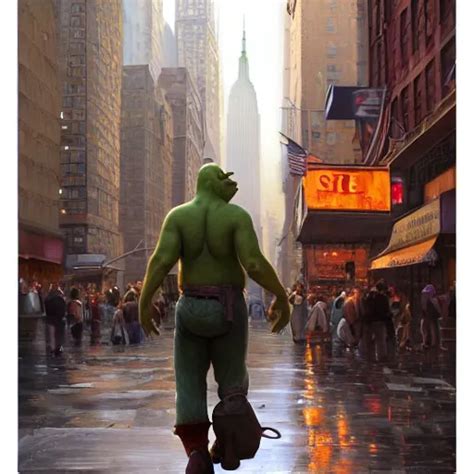 Portrait Shrek Walking In New York Streets Digital Stable Diffusion