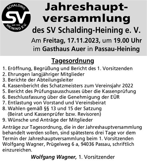 Jahreshauptversammlung Des Sv Schalding Heining E V Sv Schalding