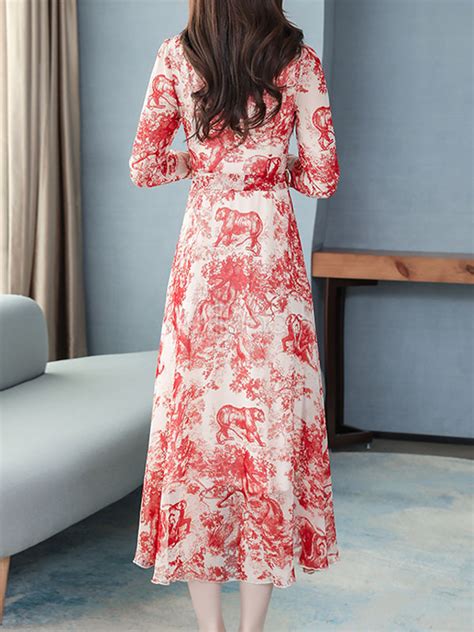 Maxikleid Rot Sommerkleider Lang Mit Print Langarm Damenmode Maxi Kleid