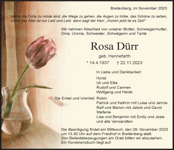 Traueranzeigen von Rosa Dürr Schwarzwälder Bote Trauer