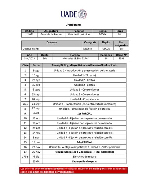 Crono Precios Mie N Cronograma Código Asignatura Facultad Depto