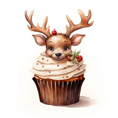 Premium AI Image Cupcake With Reindeer Watercolor Illustration