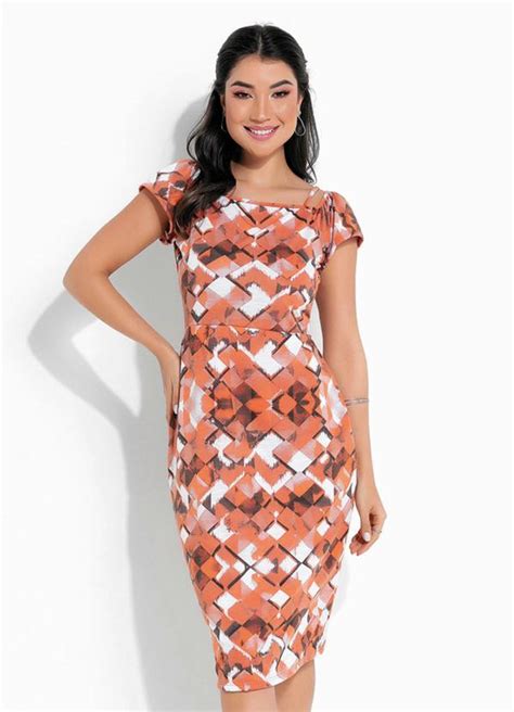 Vestido Midi Geom Trico Laranja Moda Evang Lica Rosalie