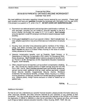 Fillable Online 2018 2019 PARENTS UNTAXED INCOME WORKSHEET Fax Email