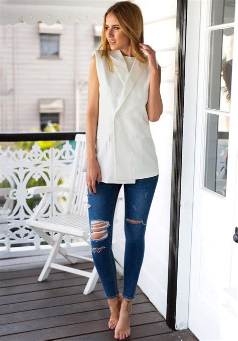 White Double Breasted Sleeveless Blazer Comfy Casual Outfits