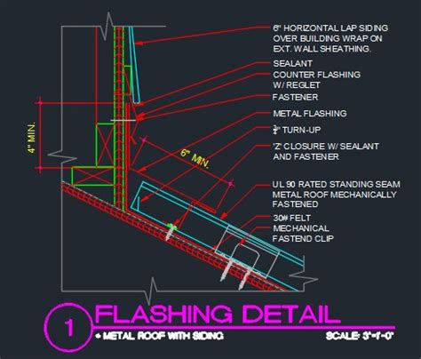 Roof Flashing Detail - At Metal Roof With Siding - CAD, DWG Files