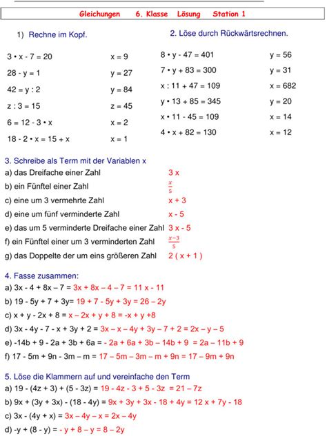 Übungsblatt zu Gleichungen 6 Klasse