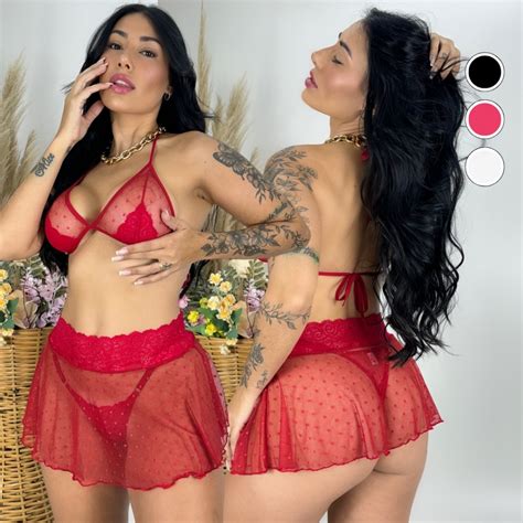 Conjunto Lingerie Tule Sexy Saia Feminino Sensual Calcinha E Suti Fio