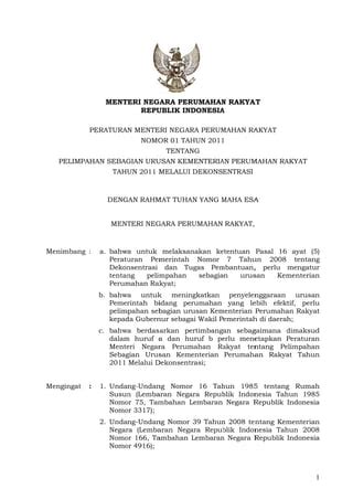 Peraturan Menteri Perumahan Rakyat Nomor 1 Tahun 2011 Tentang