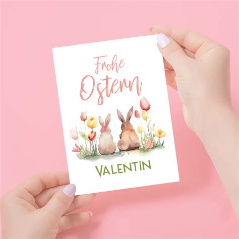 Frohe Ostern Karte Mit Hasen Im Aquarell Stil Blumen Text