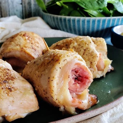 Oven Baked Ham And Swiss Chicken Roll Ups Feast In Thyme Recipe Chicken Rolls Baked Ham