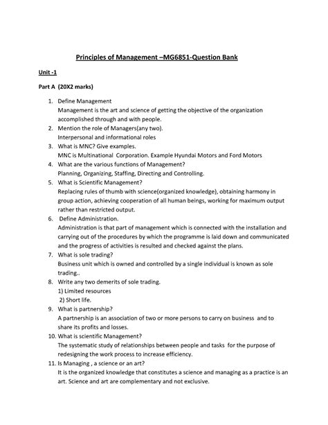 Principle Of Mgmt Qb Principles Of Management Mg Question Bank