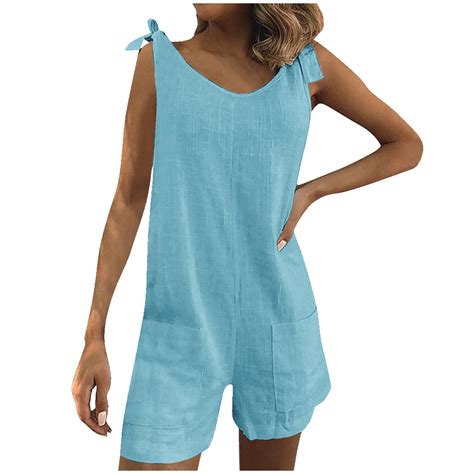 Sky Light Blue Women Straight Leg Basic Coveralls Shortalls Shorts One