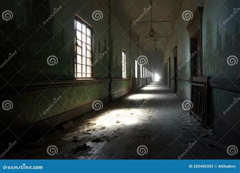 Eerie Shadows Cast By Moonlight In A Deserted Asylum Hallway Stock